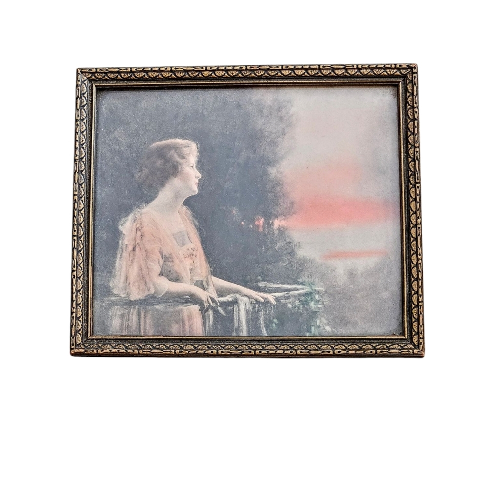 Vintage Antique 1920s Framed Portrait Art Print with Sunset 6.5x5.5 in